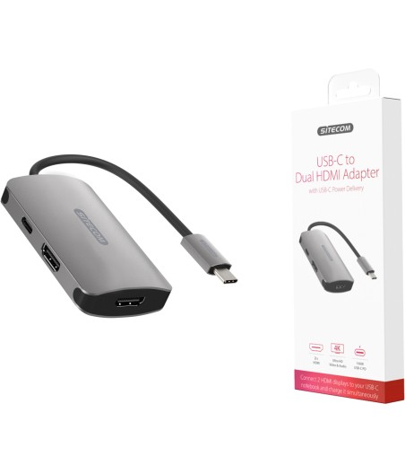 Sitecom CN-398 Adapter schwarz/ sil­ber USB-C auf 2x HDMI mit USB-C Power­De­lie­very