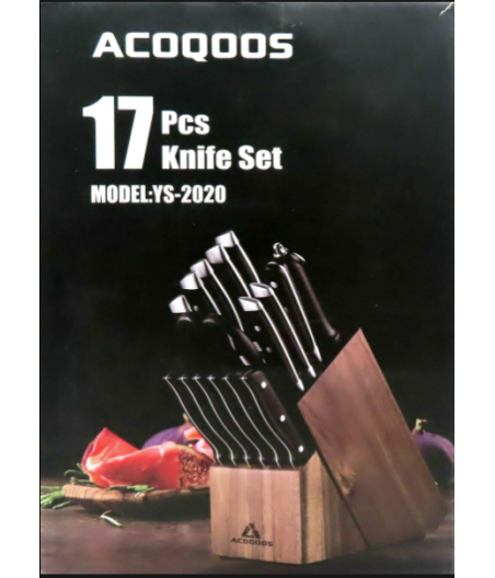 Acoqoos 17 Pc. Knife Block Set, Black + German Stainless Steel (YS-2020)