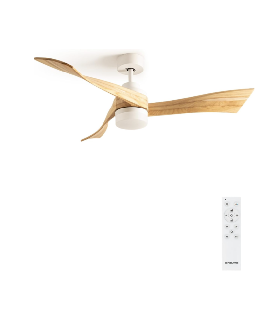 CREATE / WINDLIGHT CURVE/Deckenventilator Weiß mit Beleuchtung und Fernbedienung, Naturholz-Flügel / 40W, Leise